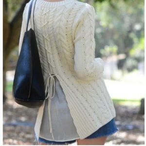 Cabi cream cableknit lace back sweater with sheer underlay style 3157 size XS
